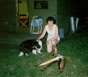 Mom with Ruffy and catch of Jack at the Cabin, PANP, late 1980's.