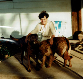 Mom, Queenie and Polly in backyard, Stillwater, OK, FEb., 1997.